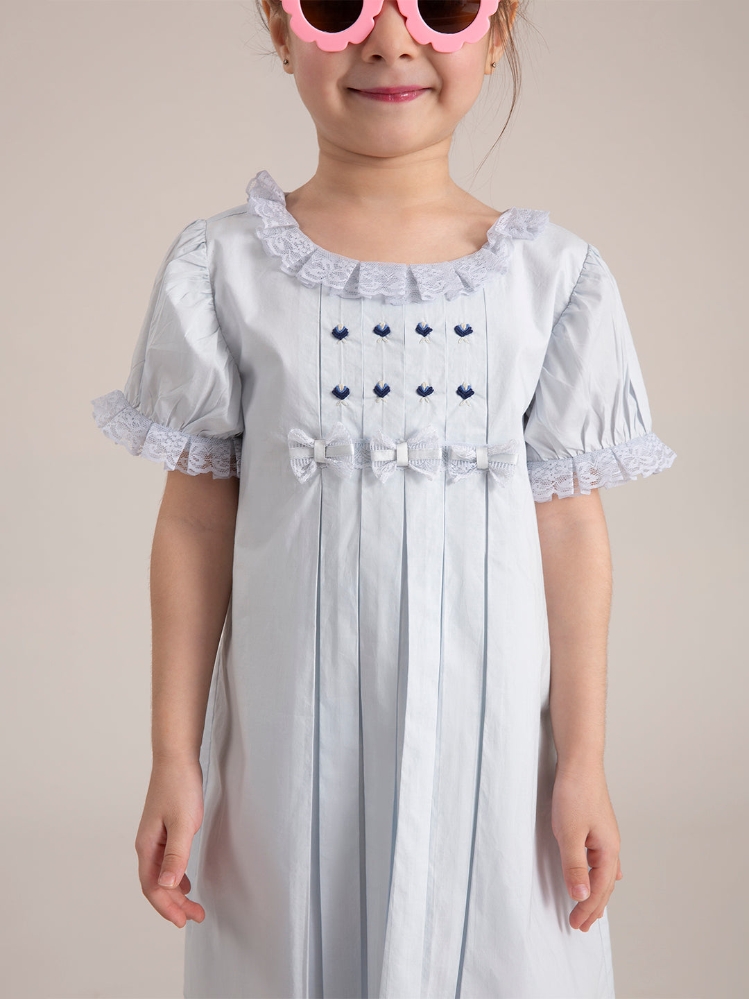 Baby Girl Macaroon Blue Embroidered Organic Cotton Dress