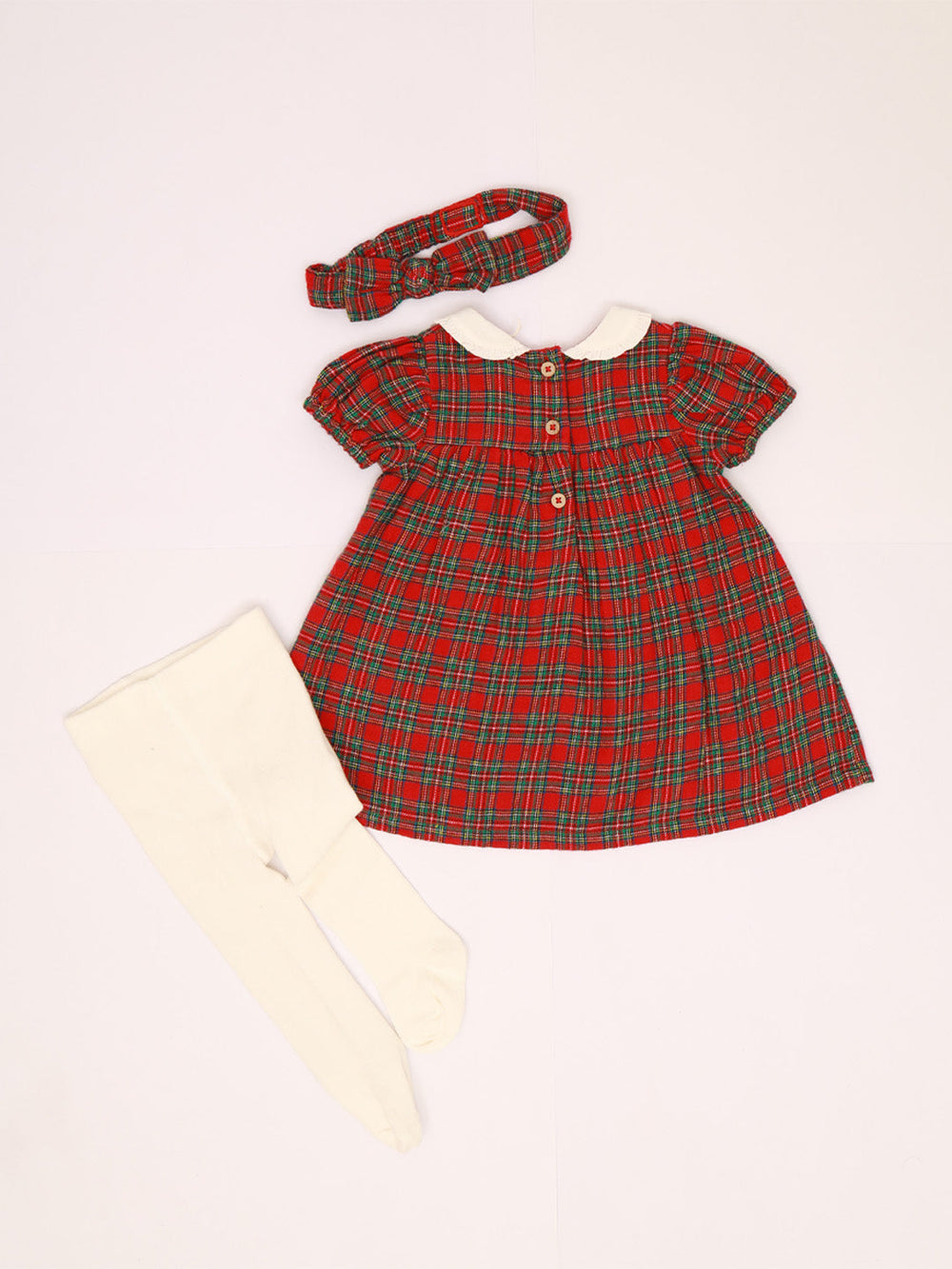 Holiday plaid dress with stockings front